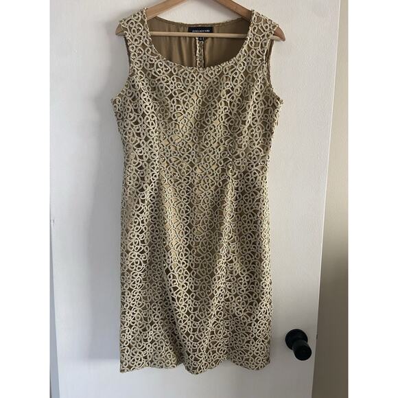 Jones New York Gold Dress Sleeveless Size 8 Cocktail Swirl Overlay - Picture 1 of 8